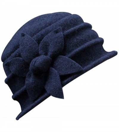 Bucket Hats Women Solid Color Winter Hat Flower 100% Wool Cloche Bucket Hat - Navy Blue - C718MHTI36S $28.06