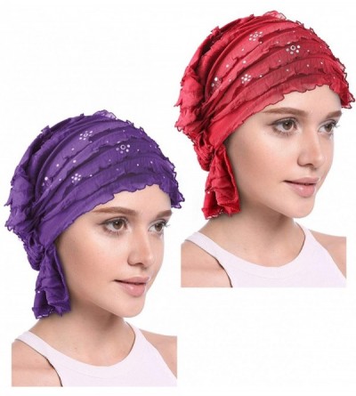 Skullies & Beanies Women Ruffle Chemo Headwear Slip-on Cancer Scarf Stretch Cap Turban for Hair Loss - 2 Pair Sequin-wine+pur...