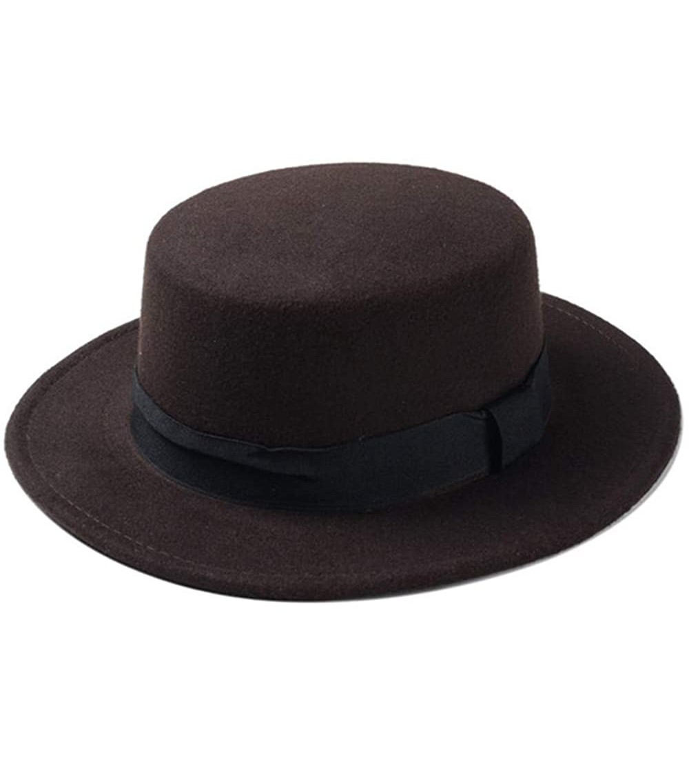 Fedoras Wool Pork Pie Boater Flat Top Hat Black for Women's Men's- Felt Wide Brim Fedora Gambler Hat - Black - C118U0DNIZO $1...