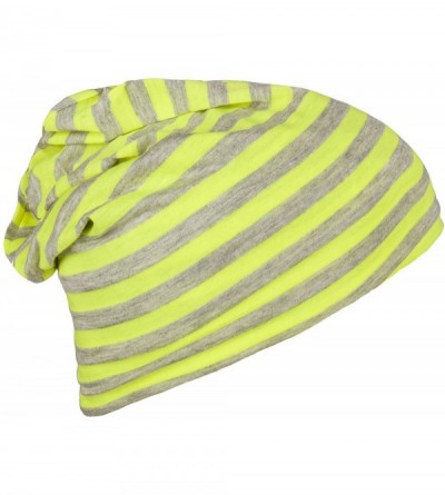 Skullies & Beanies Stretch Soft Slouchy Beanies Skullies with Stripes Design! - Grey/ Neon Yellow - C511AQXURKP $9.15