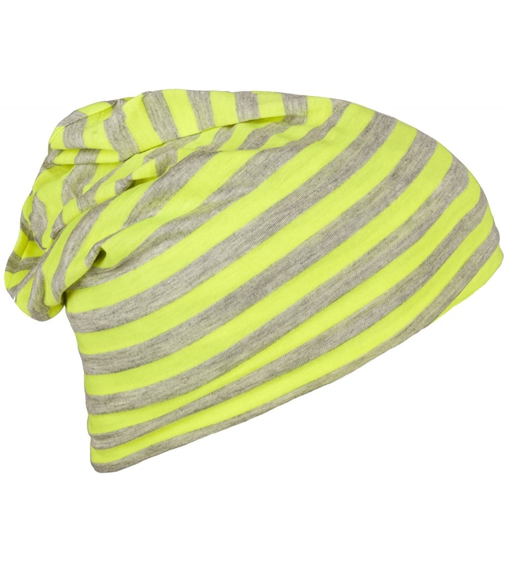 Skullies & Beanies Stretch Soft Slouchy Beanies Skullies with Stripes Design! - Grey/ Neon Yellow - C511AQXURKP $9.15