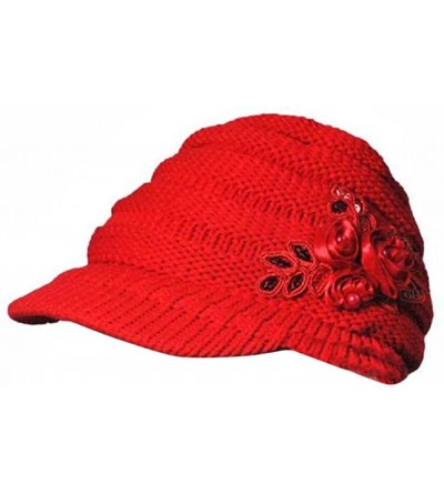 Skullies & Beanies Womens Lady's Winter Cable Knit Visor Hat with Flower Accent - Red - CL12MY49J86 $9.10