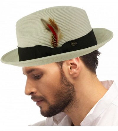 Fedoras Men's Handsome Feather Derby Fedora Tall Crown Upturn Curl Brim Hat - White - C018DKNKKUX $19.71