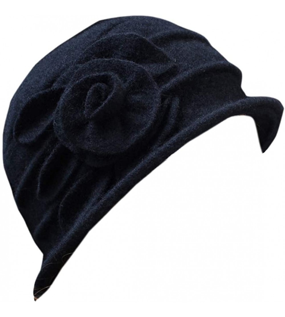 Skullies & Beanies Women 100% Wool Felt Round Top Cloche Hat Fedoras Trilby with Bow Flower - A2 Black - CD185A8QYHG $20.29