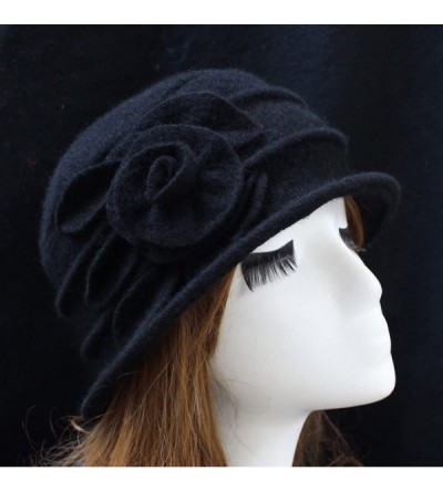 Skullies & Beanies Women 100% Wool Felt Round Top Cloche Hat Fedoras Trilby with Bow Flower - A2 Black - CD185A8QYHG $20.29
