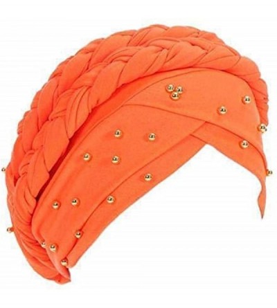 Skullies & Beanies Stay Beautiful Studded Chemo Hair Loss Cap Cancer Head Wrap Turban with Braided Lace for Women - Orange - ...