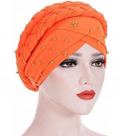 Skullies & Beanies Stay Beautiful Studded Chemo Hair Loss Cap Cancer Head Wrap Turban with Braided Lace for Women - Orange - ...