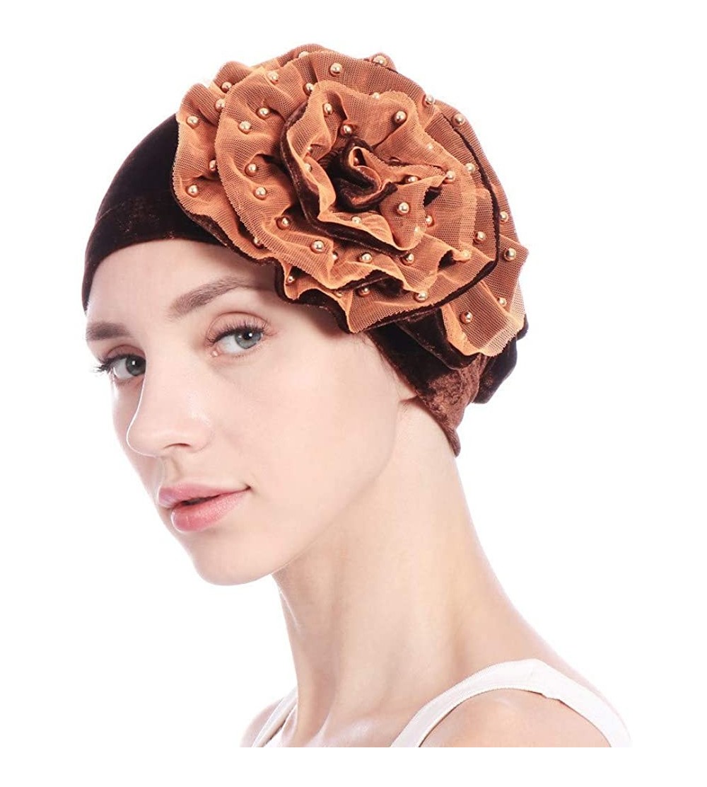 Skullies & Beanies Women Velvet Beading Flower Hat Cancer Chemo Beanie Cap - Coffee - CG18HWKT7E7 $12.10
