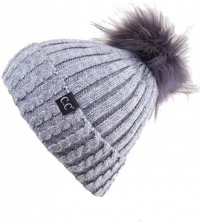 Skullies & Beanies Black Label Ribbed Real Racoon Fur Knitted Cuffed Beanie with Pom Pom - Grey - CY18Y67UD45 $60.27