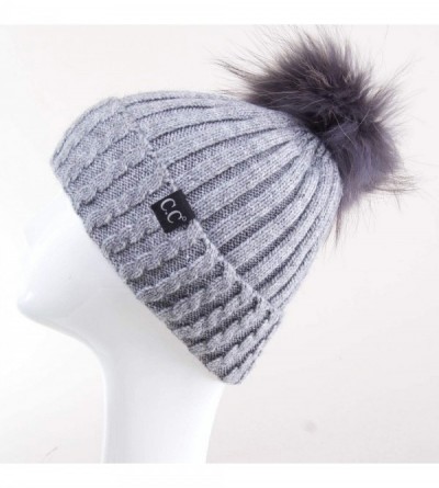 Skullies & Beanies Black Label Ribbed Real Racoon Fur Knitted Cuffed Beanie with Pom Pom - Grey - CY18Y67UD45 $35.50