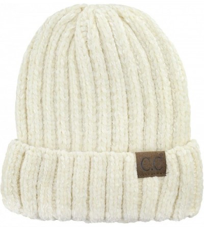 Skullies & Beanies Unisex Chenille Soft Warm Stretchy Thick Cuffed Knit Beanie Cap Hat - Ivory - CY18IQEUIKZ $18.84