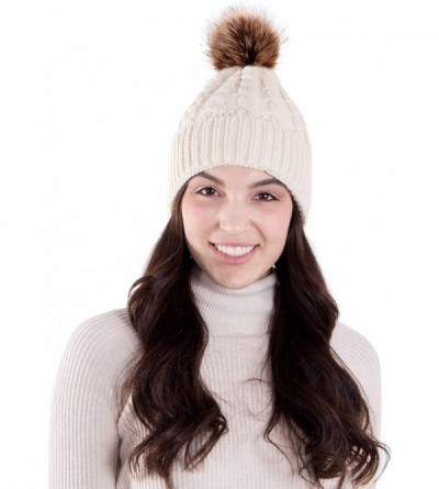 Skullies & Beanies Womens Winter Hand Knit Faux Fur Pompoms Beanie Hat - Single-cream - CE12MWXS8R2 $16.96