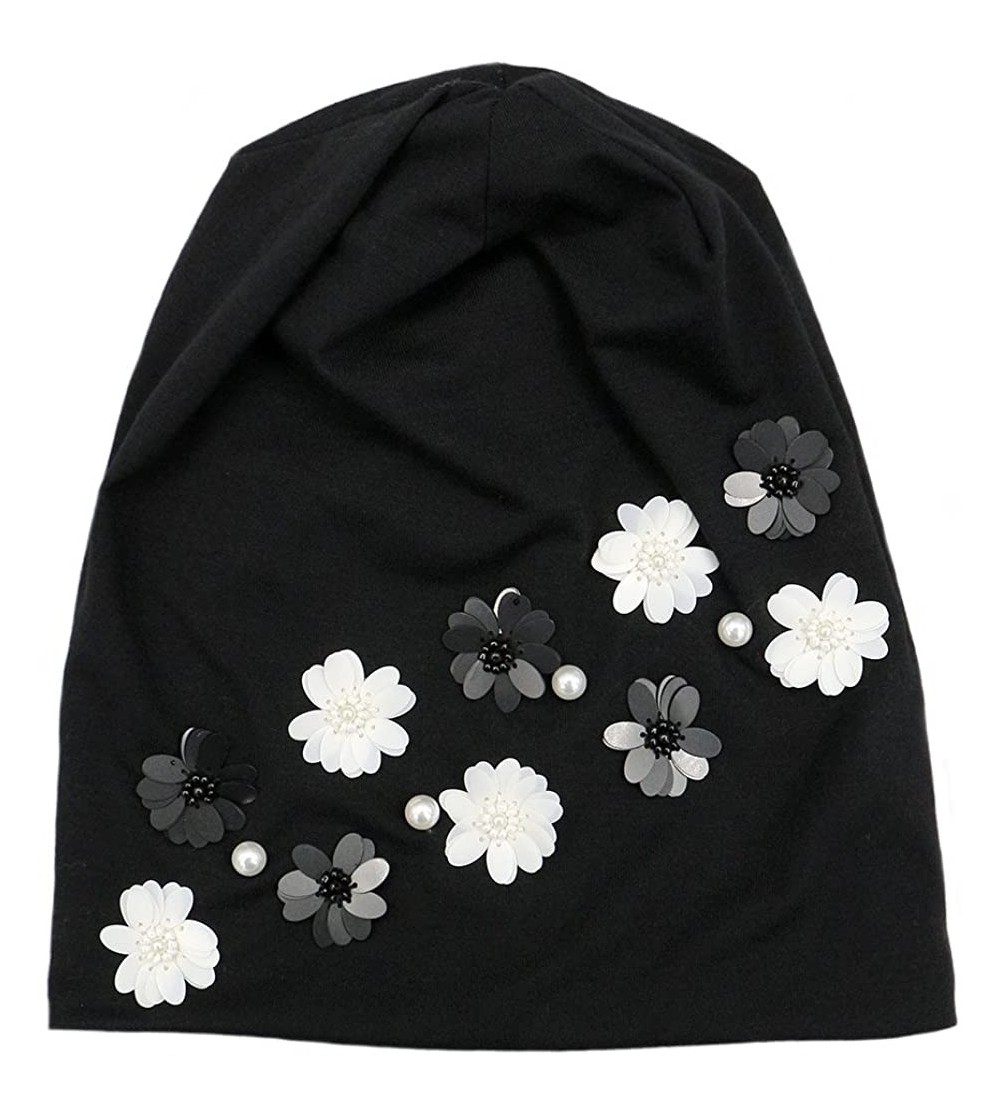 Skullies & Beanies Spaikling Pearl Hat Slouch Beanie Cap with Black White Flowers - Black - CS18CNY6HDR $14.98