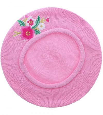 Berets 100% Cotton Beret French Ladies Hat with Pink Flower Bouquet - Pink - CB18R73DXWZ $20.29