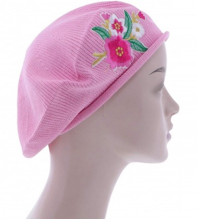 Berets 100% Cotton Beret French Ladies Hat with Pink Flower Bouquet - Pink - CB18R73DXWZ $20.29