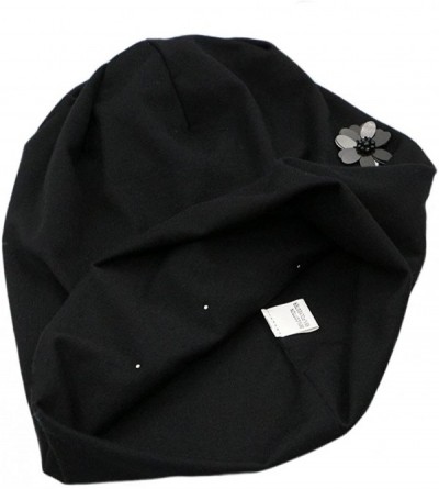 Skullies & Beanies Spaikling Pearl Hat Slouch Beanie Cap with Black White Flowers - Black - CS18CNY6HDR $14.98