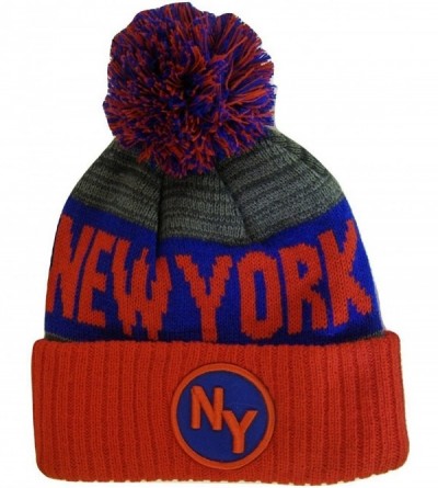 Skullies & Beanies New York NY Patch Ribbed Cuff Knit Winter Hat Pom Beanie - Red/Royal Patch - CJ188D8CIUO $13.62