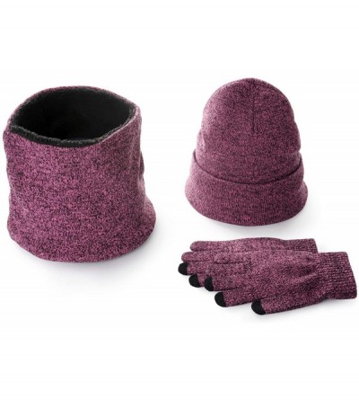 Skullies & Beanies Set of 3 Solid Color Knit Skull Cap Loop Scarf Touch Screen Gloves - Plum Red - CP18YUET4MG $25.22