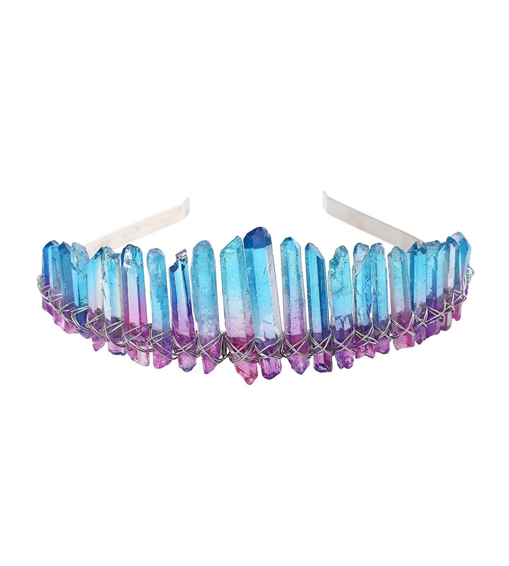 Headbands Raw Crystal Quartz Crown - Rhinestone Tiara Mermaid Headband for Woman Weeding and Parties (blue+rose red) - CT18Y3...