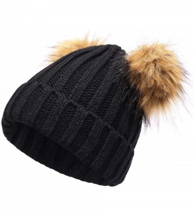 Skullies & Beanies Women's Winter Cable Knit Beanie Hat Soft Warm Ski Cuff Skull Cap Cute Faux Fur Pom Pom Christmas Hats - B...