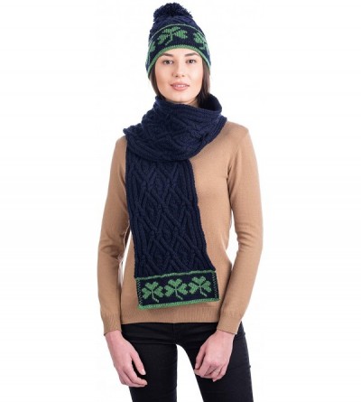 Skullies & Beanies 100% Merino Wool - Irish Shamrock Hat Aran Knit Beanie Pom Pom Style for Women - Navy - C1195NKUIX5 $19.20