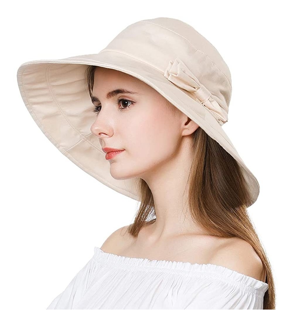 Bucket Hats Womens UPF50 Cotton Packable Sun Hats w/Chin Cord Wide Brim Stylish 54-60CM - 69038_beige - CL19644U59K $26.11