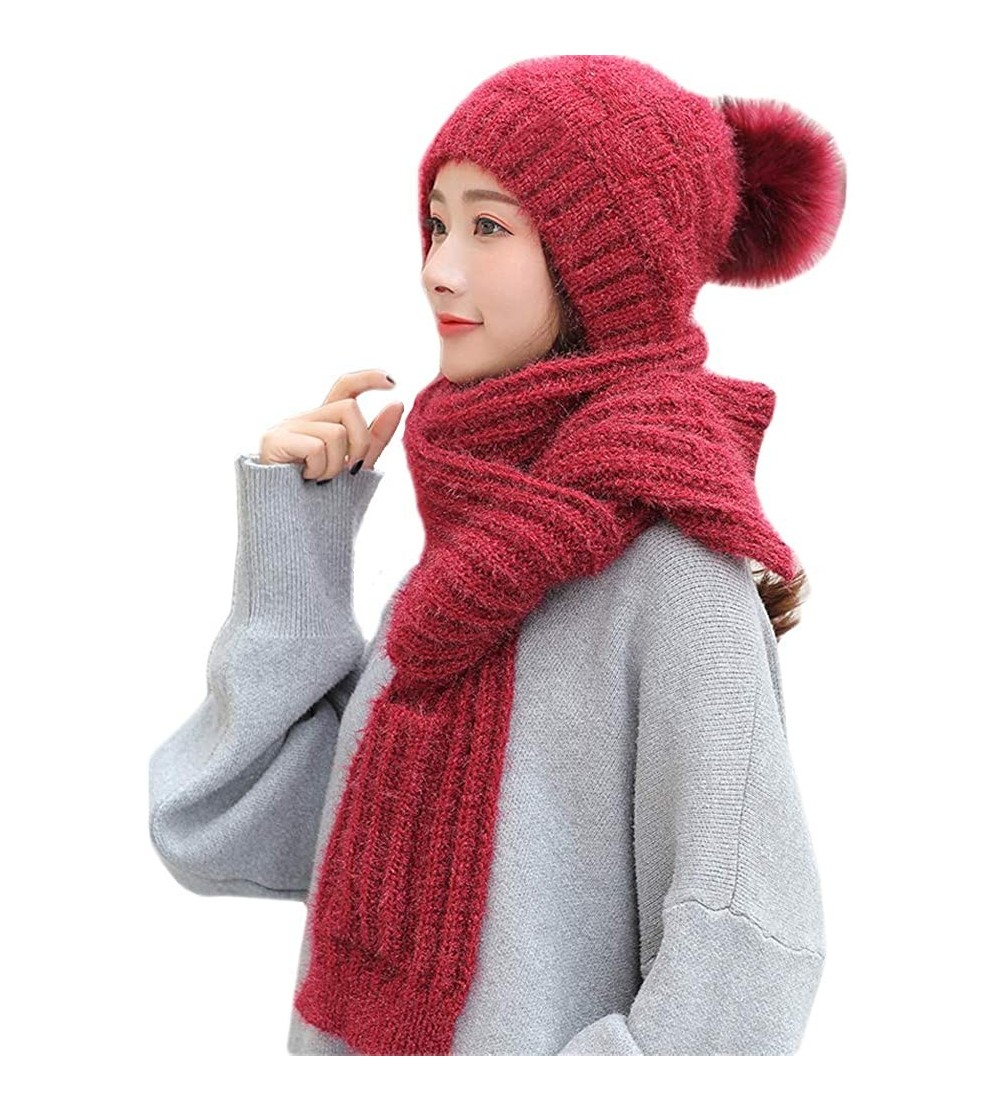 Skullies & Beanies Knitted Hat Scarf Set Fashion Winter Warm Knitted Hat with Attached Scarf for Womens Girls - Wine Red - C1...