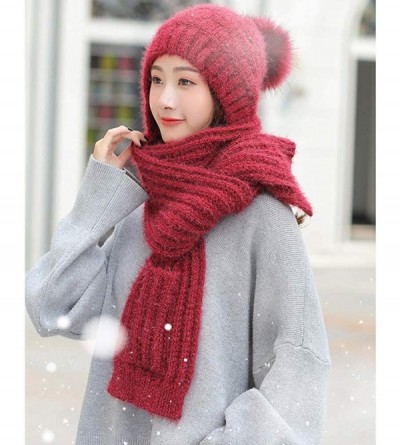 Skullies & Beanies Knitted Hat Scarf Set Fashion Winter Warm Knitted Hat with Attached Scarf for Womens Girls - Wine Red - C1...
