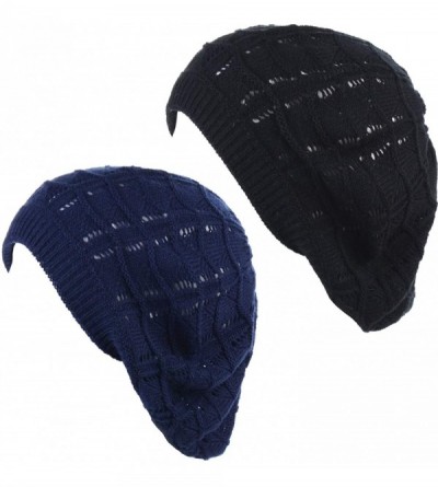 Berets Womens Knit Beanie Beret Hat Lightweight Fashion Accessory Crochet Cutouts - J019bknavy - C1194YMMZUE $32.81