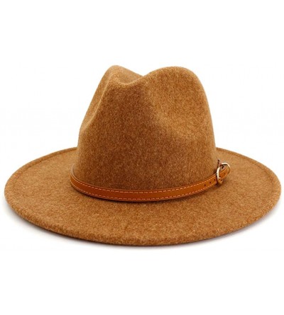 Fedoras Classic Wool Fedora Hats Wide Brim Belt Buckle for Women & Men - A-brown Belt Khaki - CH18ZQ6N8GR $34.14
