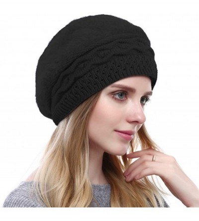 Berets Women's Solid Knit Furry French Beret - Fall Winter Fleece Lined Paris Artist Cap Beanie Hat - A-black - CC18QK7OG5C $...