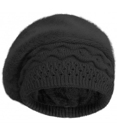 Berets Women's Solid Knit Furry French Beret - Fall Winter Fleece Lined Paris Artist Cap Beanie Hat - A-black - CC18QK7OG5C $...
