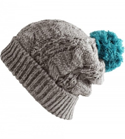 Berets Multi Color Pom Pom Crochet Thick Knit Slouchy Beanie Beret Winter Ski Hat - Grey/Teal - C6126YMVYTF $24.05