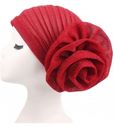 Skullies & Beanies Womens Muslim Floral Elastic Scarf Hat Stretch Turban Head Scarves Headwear Cancer Chemo - Red - CK18E86SO...