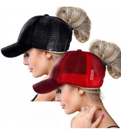 Baseball Caps Ponytail Baseball Glitter Ponycaps Adjustable - Glitter(mesh)-black/Red - CS18R3NG9KO $30.24