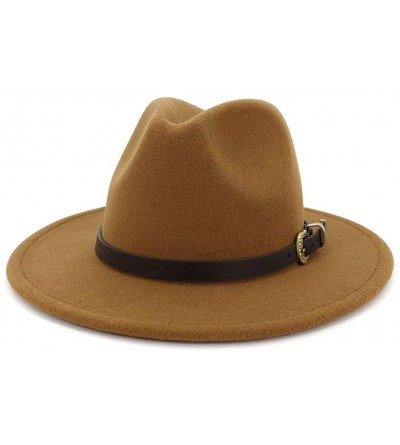 Fedoras Men & Women Wide Brim Felt Fedora Hat with Belt - A-khaki - CD18ZKSKZTE $14.11