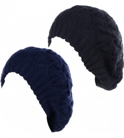 Berets Winter Chic Warm Double Layer Leafy Cutout Crochet Chunky Knit Slouchy Beret Beanie Hat Solid - CA18WAETK68 $39.09