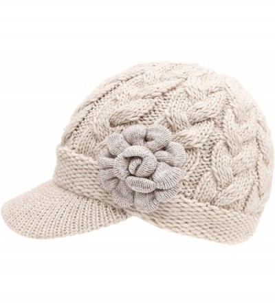 Skullies & Beanies Women's Cable Knitted Double Layer Visor Beanie Hats with Hair Tie - Floral Oatmeal - C3188K08I0Y $20.88