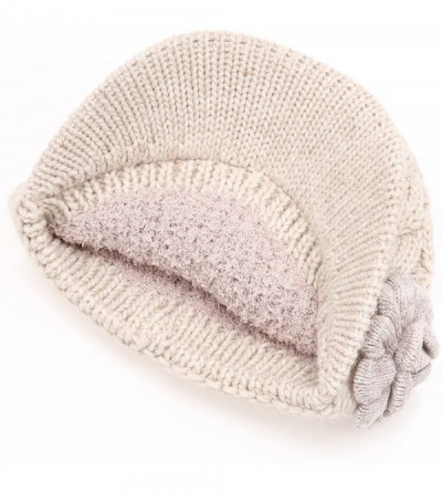 Skullies & Beanies Women's Cable Knitted Double Layer Visor Beanie Hats with Hair Tie - Floral Oatmeal - C3188K08I0Y $20.88