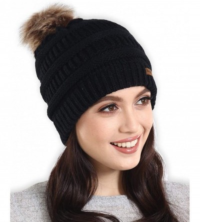 Skullies & Beanies Faux Fur Pom Pom Beanie for Women - Cable Knit Winter Hats for Cold Weather - Black - CH18HDQ3N98 $17.32