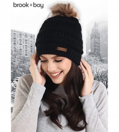 Skullies & Beanies Faux Fur Pom Pom Beanie for Women - Cable Knit Winter Hats for Cold Weather - Black - CH18HDQ3N98 $10.48