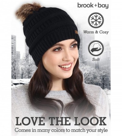 Skullies & Beanies Faux Fur Pom Pom Beanie for Women - Cable Knit Winter Hats for Cold Weather - Black - CH18HDQ3N98 $10.48