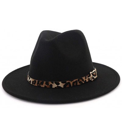 Fedoras Women's Wide Brim Felt Fedora Panama Hat with Leopard Belt Buckle - Black - CV18IZU00YN $31.78