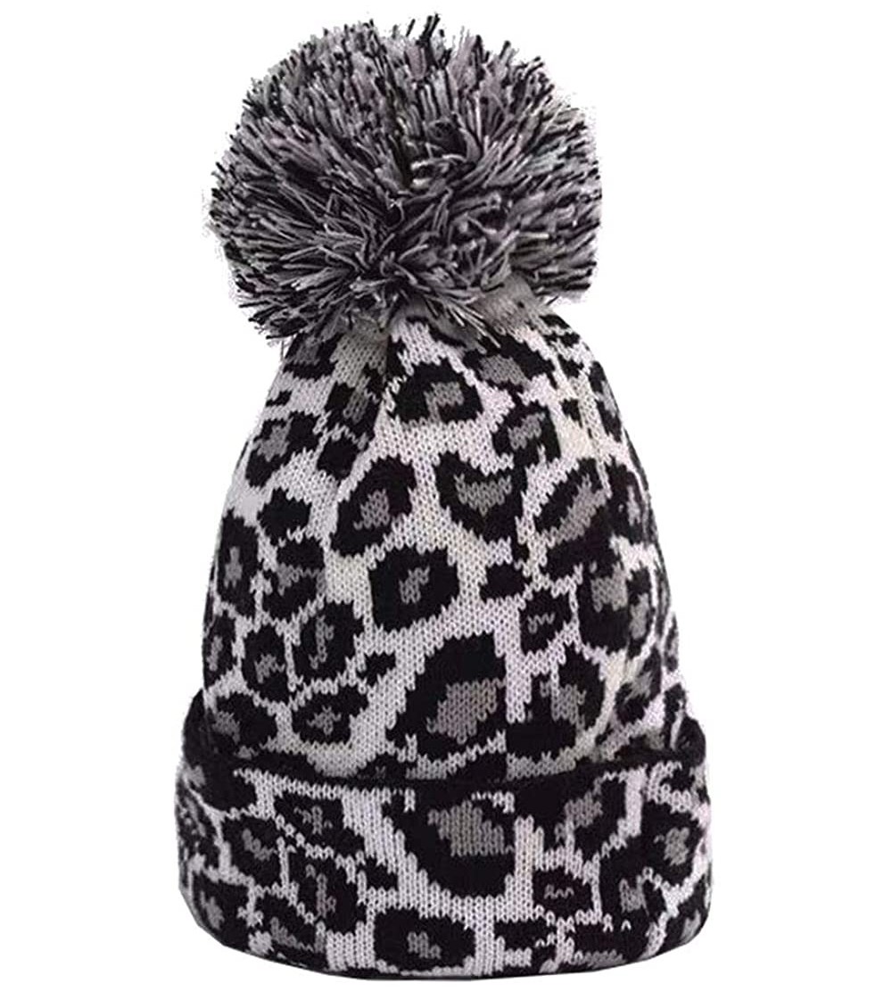 Skullies & Beanies Women Knit Hats Warm Leopard Beanie with Pom - White - CF18UD6UZZL $8.46
