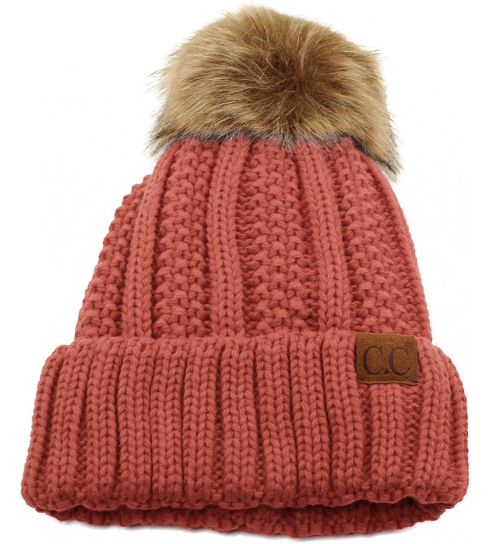 Skullies & Beanies Winter Sherpa Fleeced Lined Chunky Knit Stretch Pom Pom Beanie Hat Cap - Solid Mauve - CA18K2OM6TG $27.30
