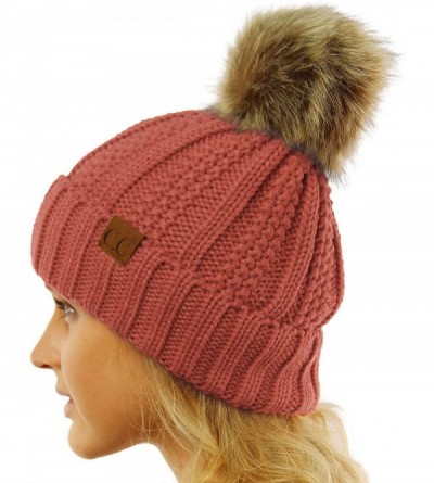 Skullies & Beanies Winter Sherpa Fleeced Lined Chunky Knit Stretch Pom Pom Beanie Hat Cap - Solid Mauve - CA18K2OM6TG $27.30