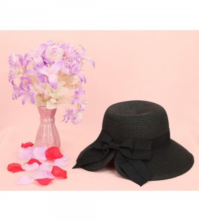 Sun Hats Women's Pretty Vintage Foldable Straw Hat w/Large Accent Bowtie - Black - C718CHURRY2 $19.27