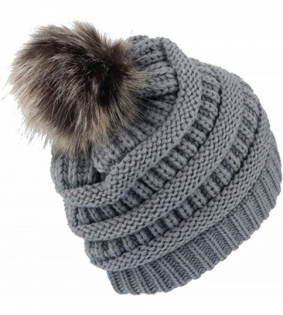 Skullies & Beanies Cable Knit Ribbed Pom Beanie Winter Hat Slouchy Cap HZP0030 - Grey - C718L83QXUN $12.56