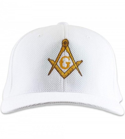 Baseball Caps Gold Square & Compass Embroidered Masonic Flexfit Adult Cool & Dry Piqué Mesh Hat - White - C811S4LN56P $40.57