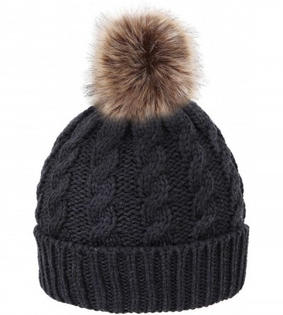 Skullies & Beanies Womens Winter Hand Knit Faux Fur Pompoms Beanie Hat - Heather Grey - CK12L7P0PC1 $26.57